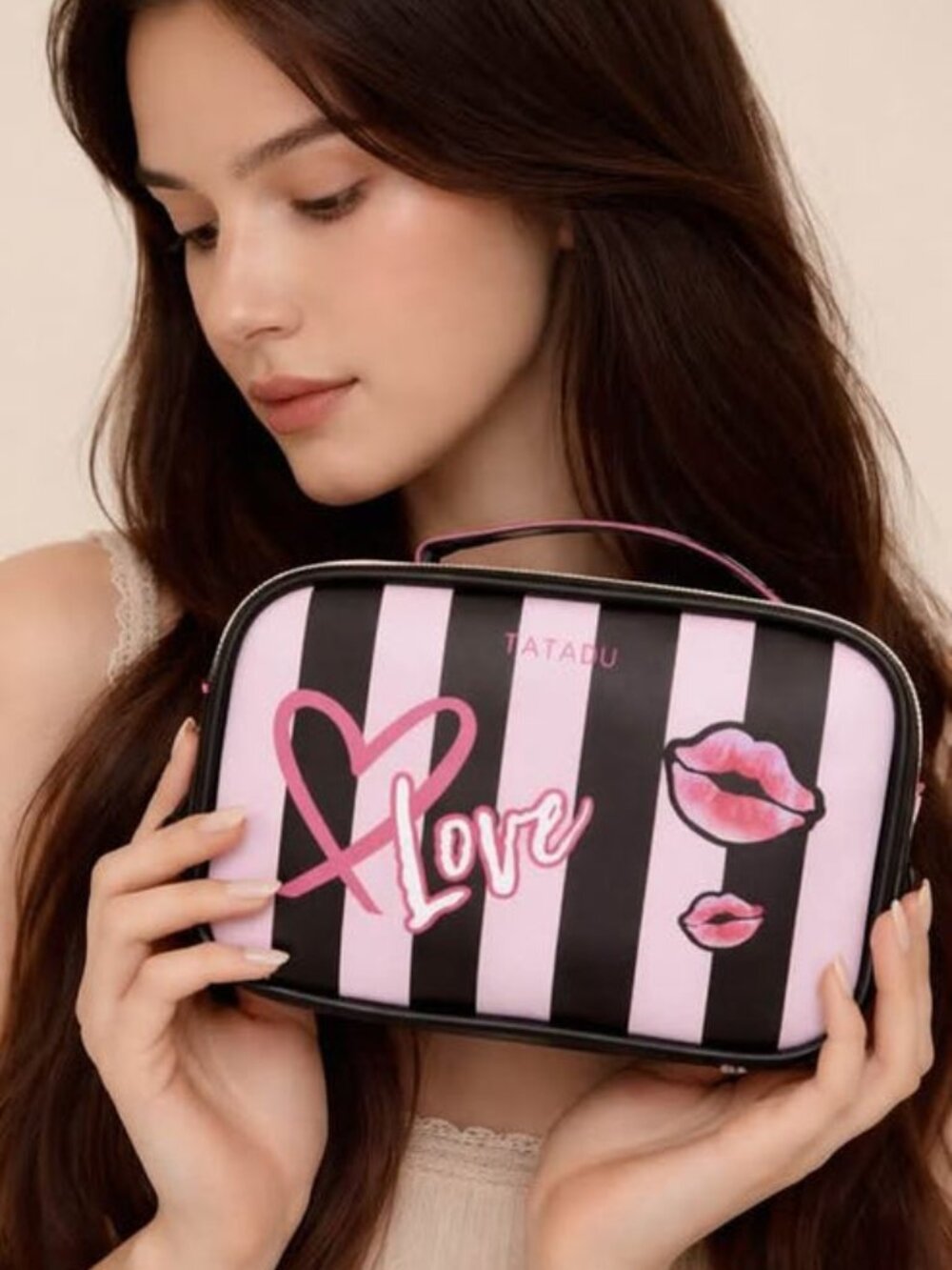 Stripe Black & Pink Make up Bag